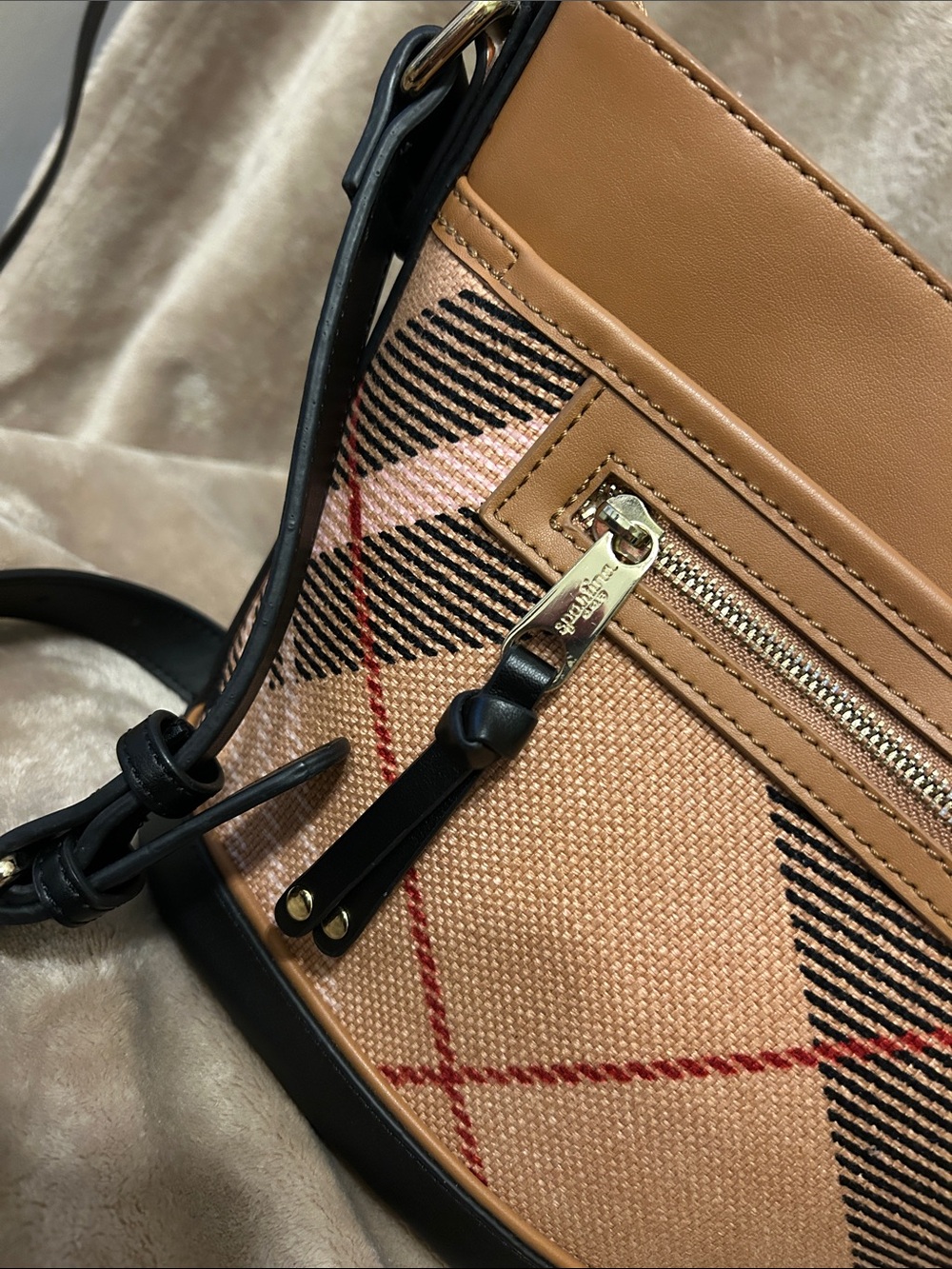 Spartina 449 Tan Nova Plaid Linen Leather Preppy Crossbody Bucket Tote Bag - Picture 6 of 16